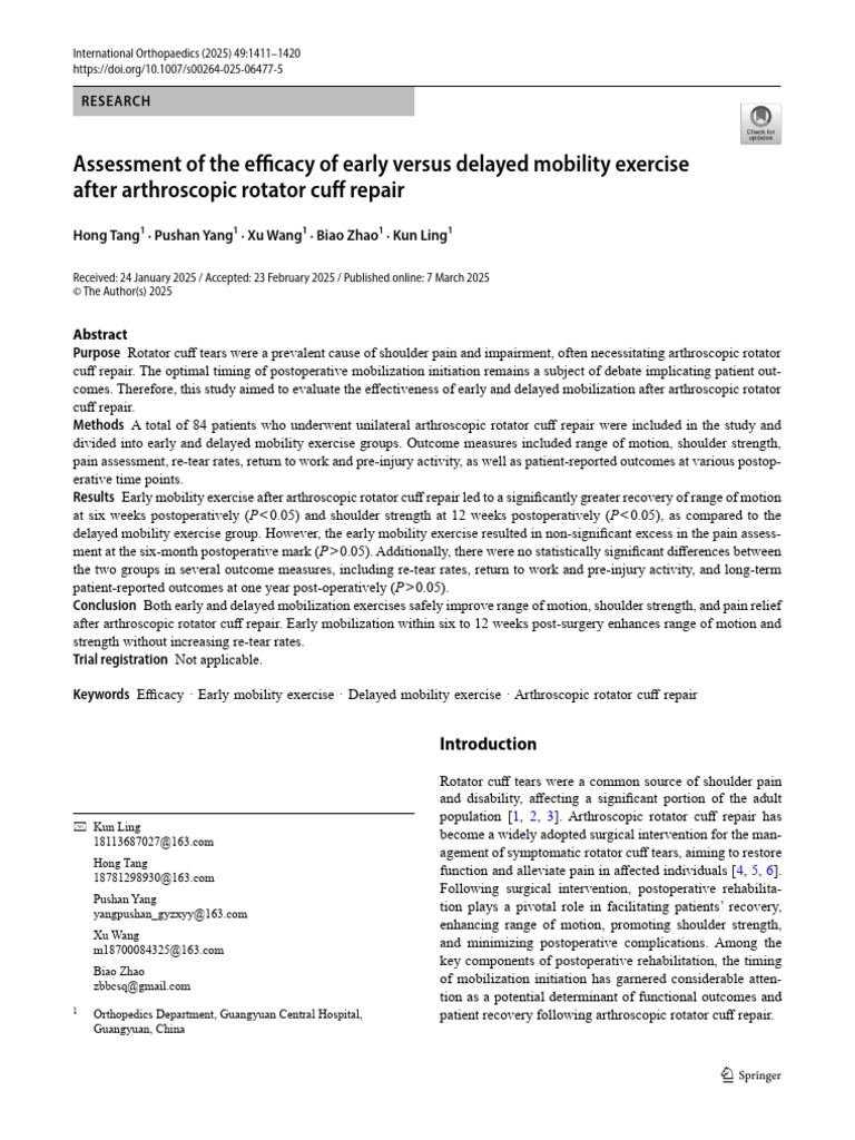 Assessment of the efficacy of early versus delayed mobility exercise ...