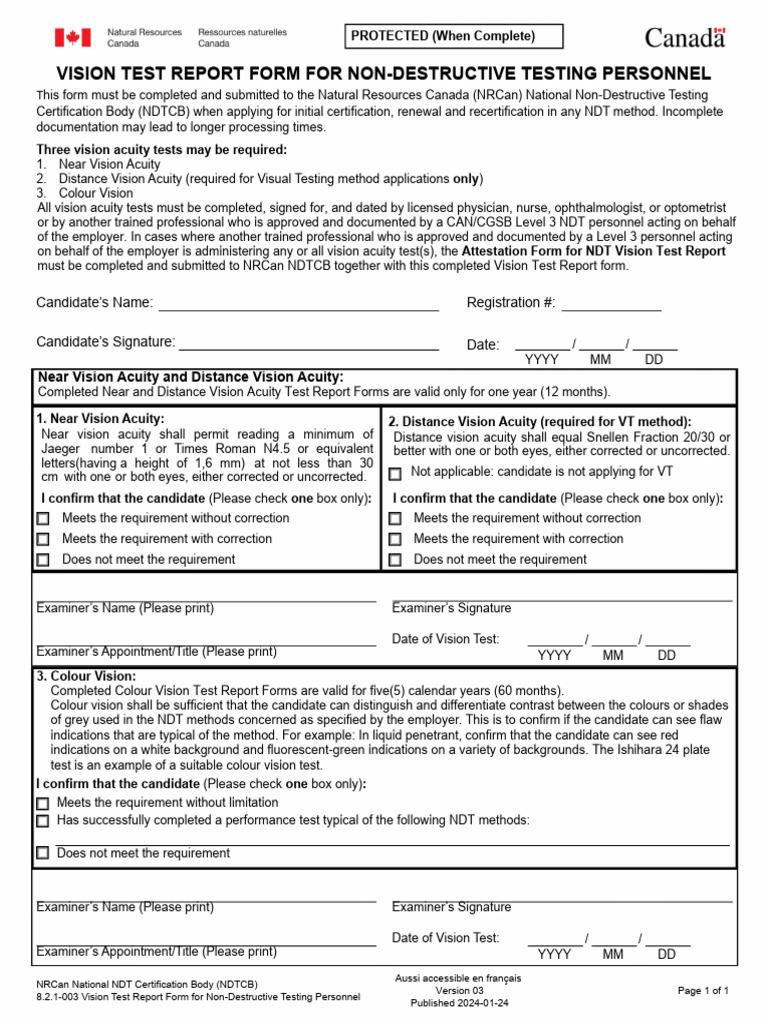 Canada: Vision Test Report Form For Non-Destructive Testing Personnel ...