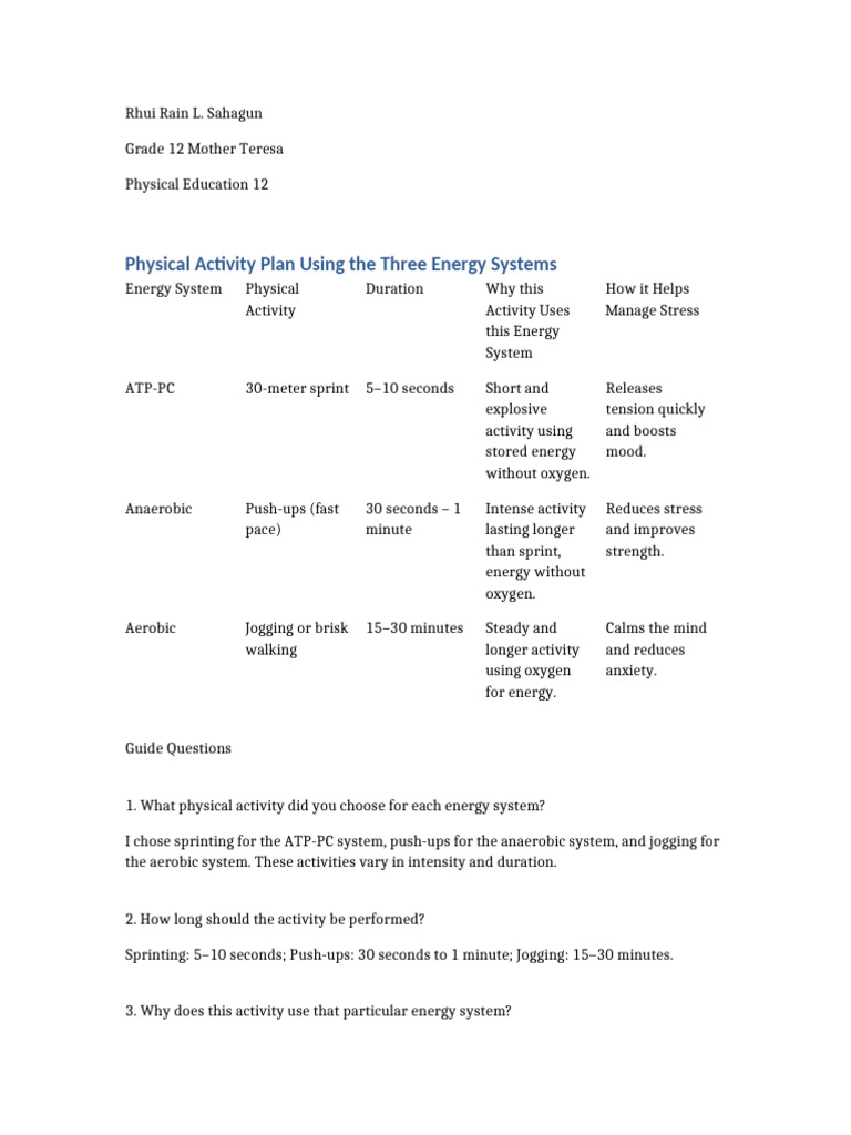 Physical Activity Plan Rhui Rain Sahagun | PDF