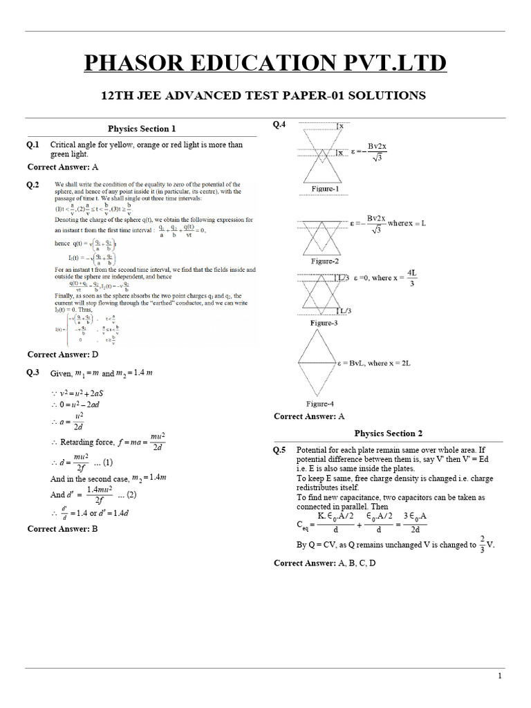 12th Jee Advanced Test Paper -01 Solutions 19-04-2026 | PDF | Slope ...