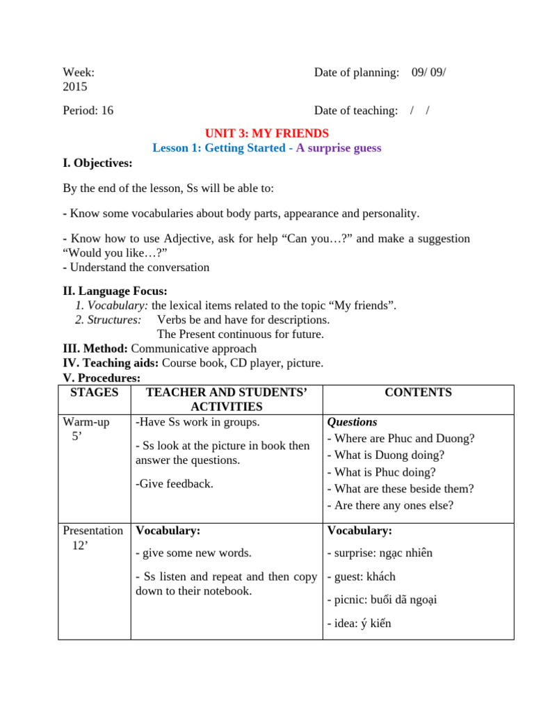 Unit 3 My friends Lesson 1 Getting started | PDF | Vocabulary | Syntax