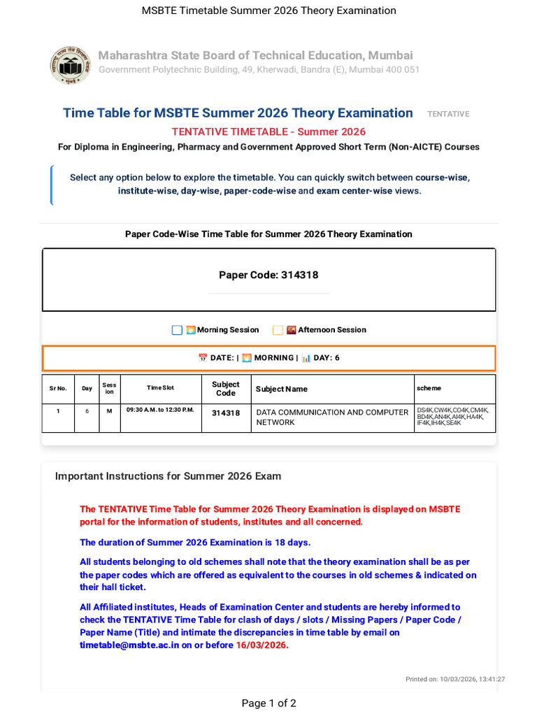 Paper Code Timetable - 314318 | PDF | Qualifications | Vocational Education