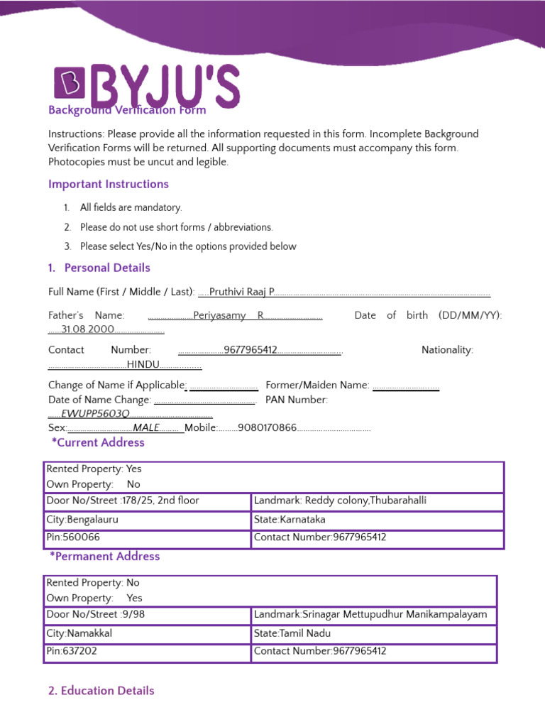 BGV FORM UPDATED (2) (2)(1) (1) (1).docx (1) | PDF | Employment | Business