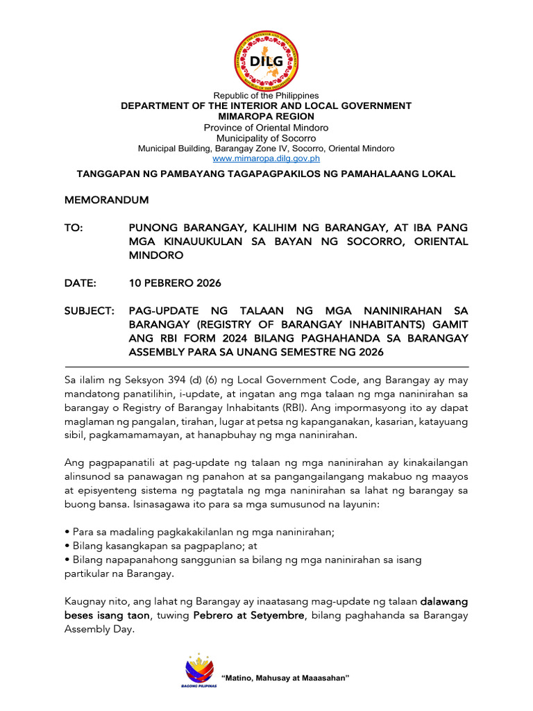 Memorandum to Barangays Re RBI Updating in Preparation for Barangay ...