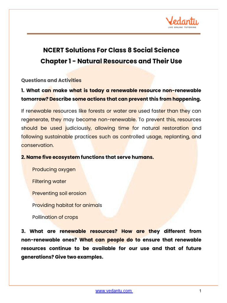 Class 8 Social Science Chapter 1 Natural Resources and Their Use | PDF