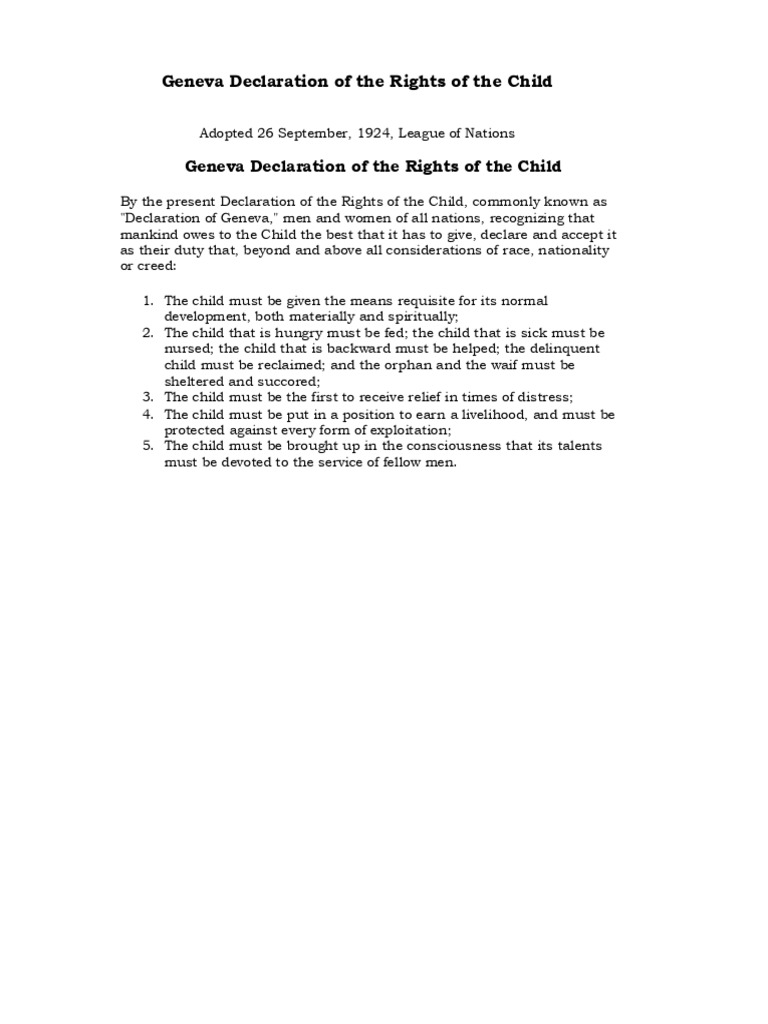 1924 Geneva Declaration of the Rights of the Child | PDF