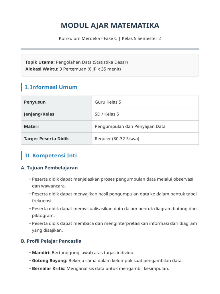 Modul Ajar Matematika Kelas 5 Data | PDF