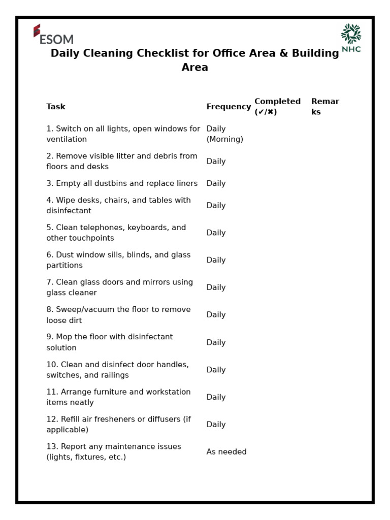 Daily Cleaning Checklist for Office Area | PDF