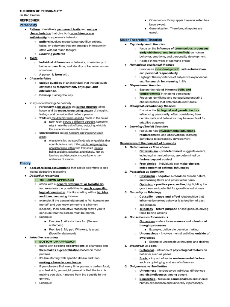 Theories of Personality Notes | PDF