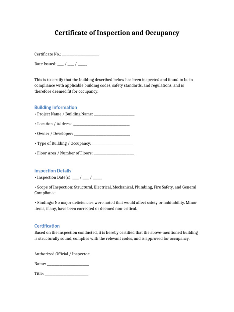 Certificate of Inspection and Occupancy | PDF