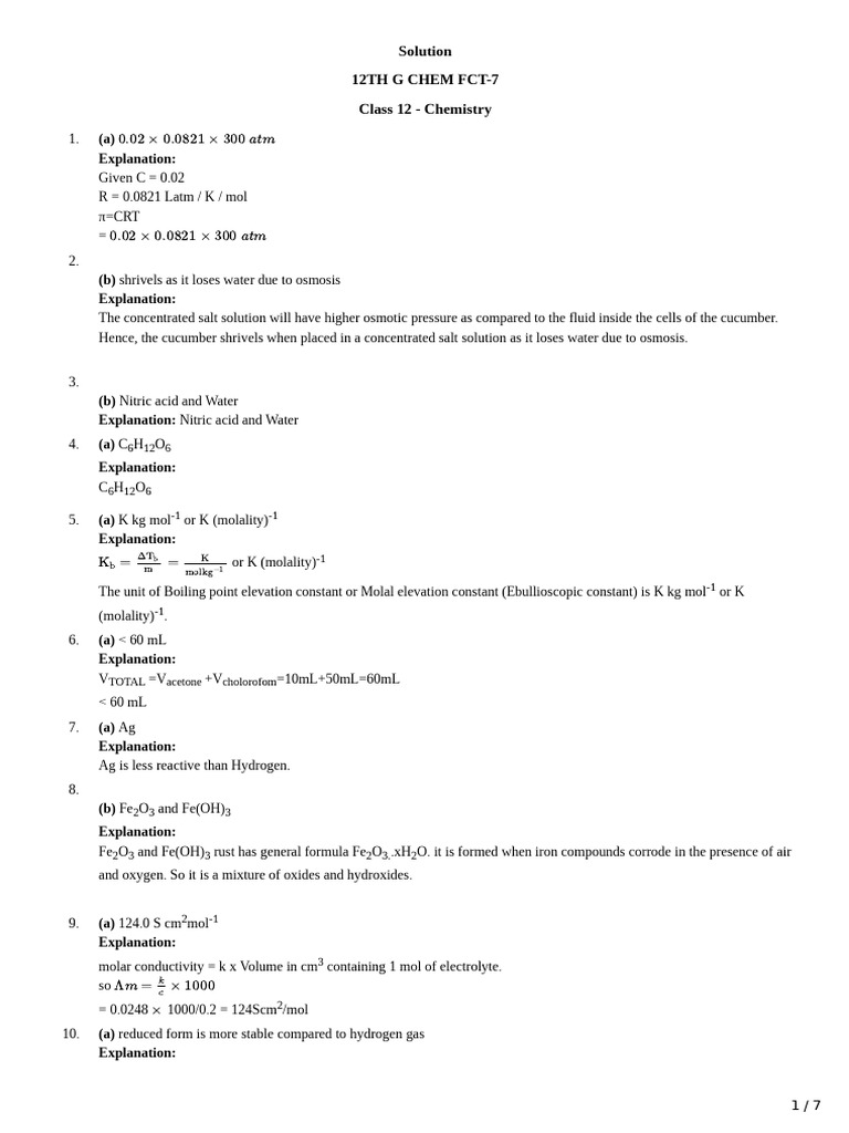12th G Chem FCT-6 Solution | PDF | Amine | Chemical Reactions