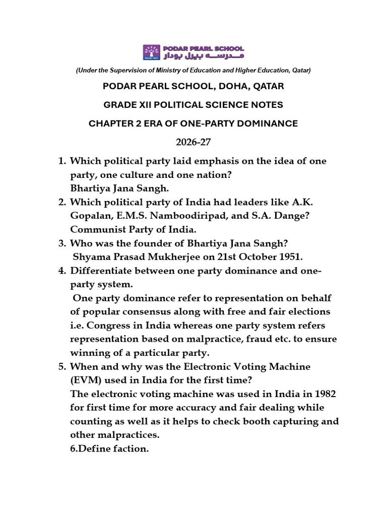 Grd 12_ Notes_ Era of One Party Dominance | PDF | Elections | Indian ...