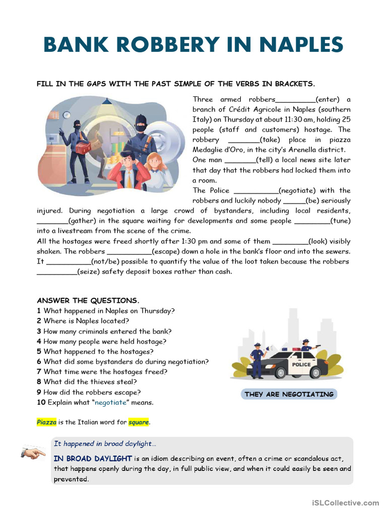Past simple tense - Bank robbery in Naples | PDF | Robbery | Bank Robbery