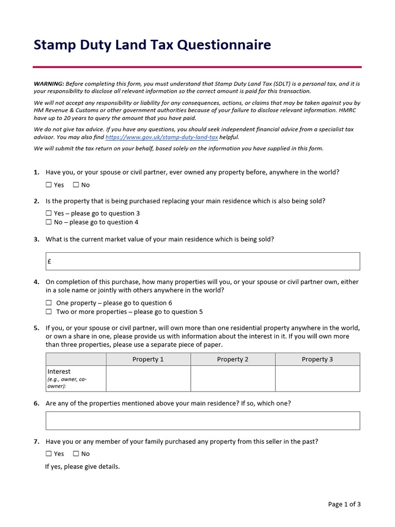 Stamp Duty Land Tax Questionnaire | PDF | Payments | Government Finances