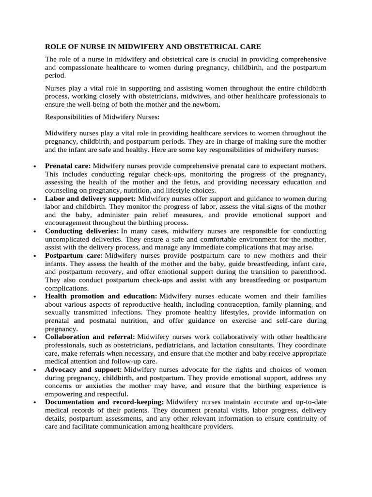 Role of Nurse in Midwifery | PDF | Childbirth | Midwifery