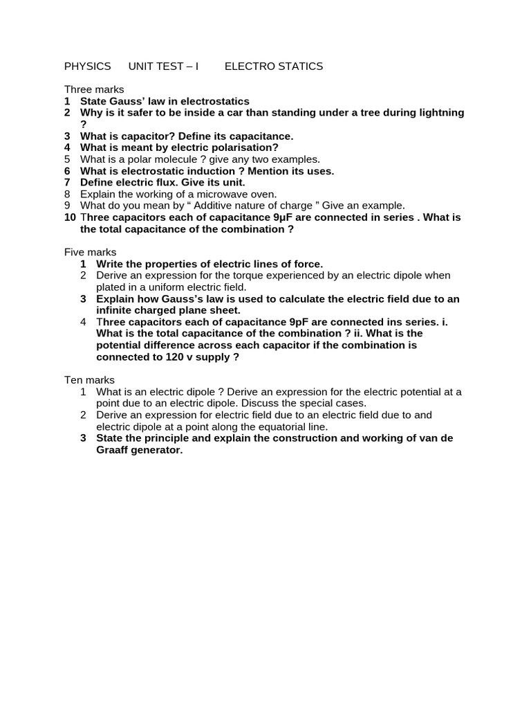 12 Physics Unit 1 Electrostatics Important Questions | PDF