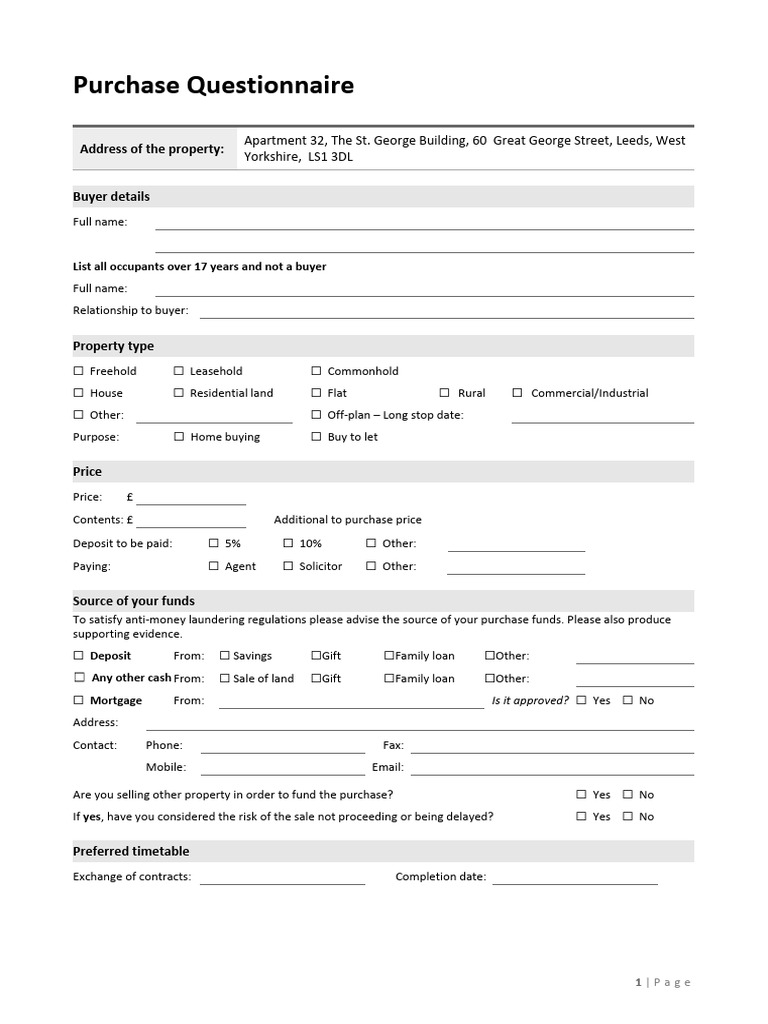 Purchase Questionnaire | PDF