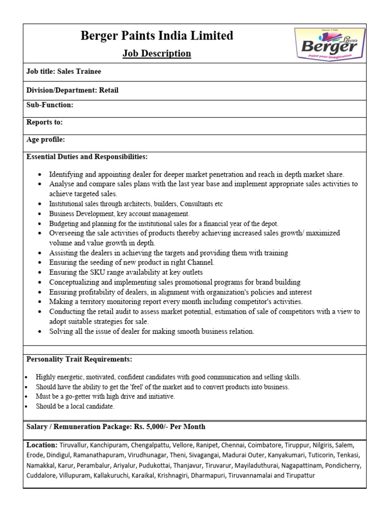 Berger - Sales Officer - Retail - Sales (Intern) | PDF | Business ...