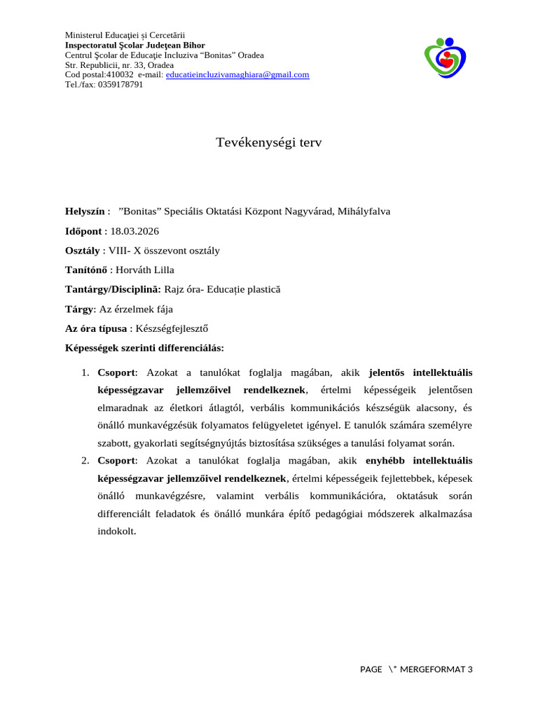 Rajz Óra Tevékenységi Terv | PDF