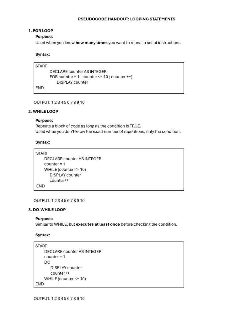 PSEUDOCODE HANDOUT LOOPING | PDF | Control Flow | Mathematical Logic