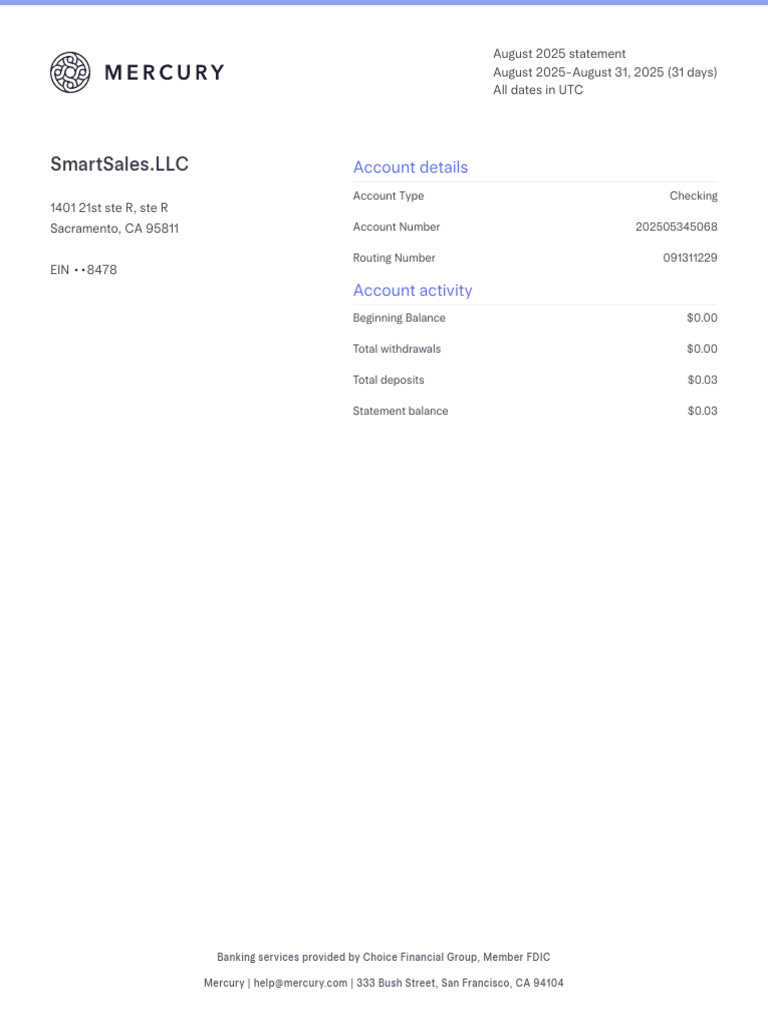 Mercury Bank Statment | PDF