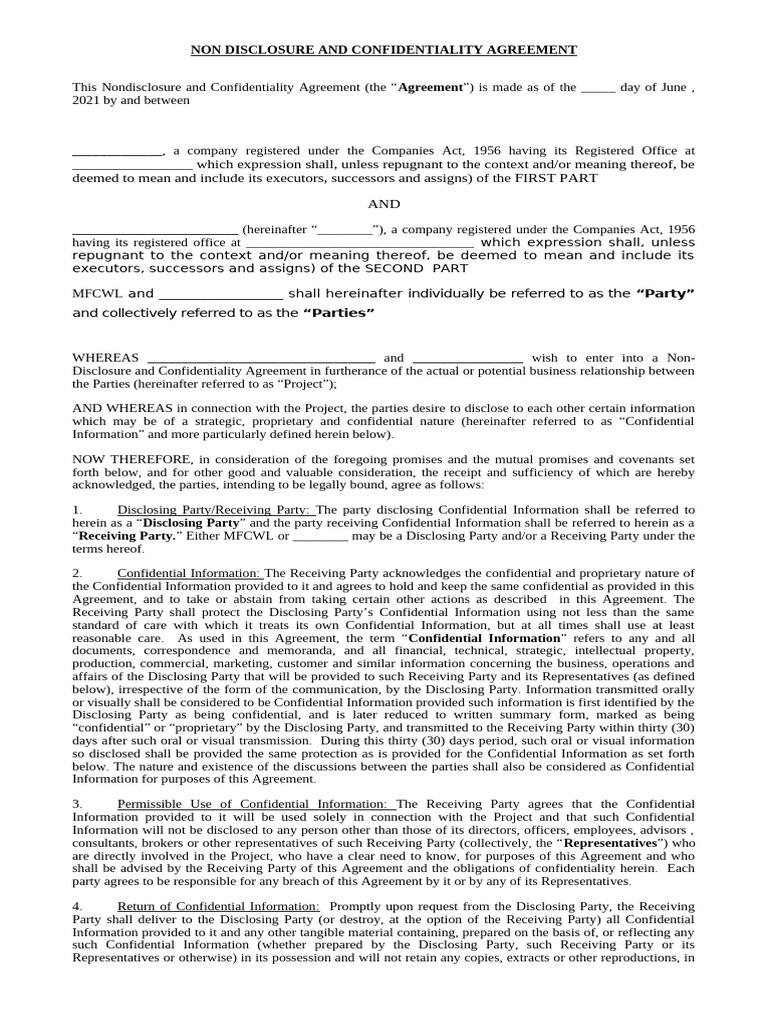 Standard NDA Format | PDF | Non Disclosure Agreement | Arbitration
