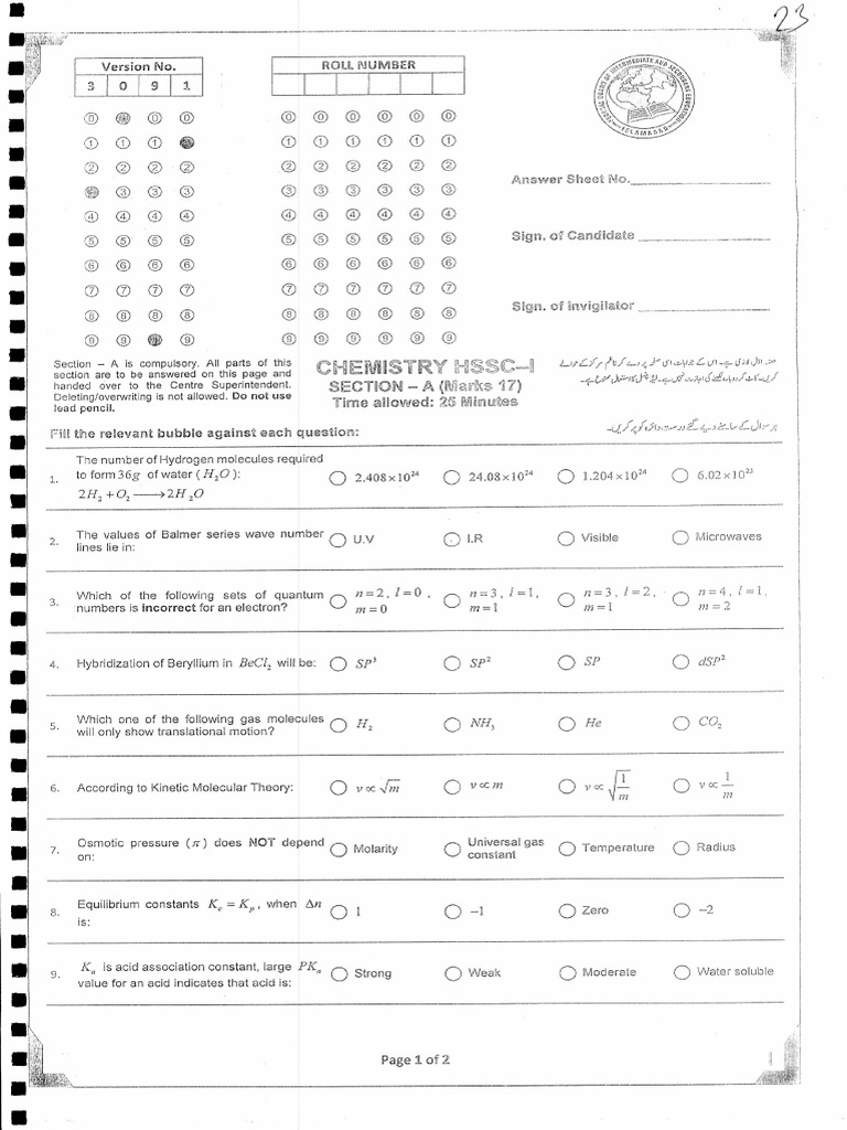 Class 11 Chemistry FBISE Past Paper 2022 Local | PDF