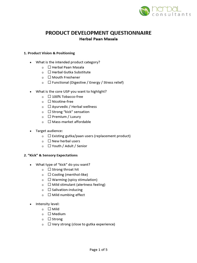 Product Development Questionnaire Paan Masala (1) | PDF | Taste