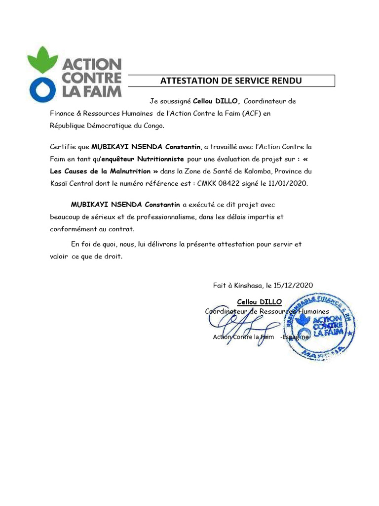 Dossier Attestation de Service Rendu Mubikayi | PDF | République ...
