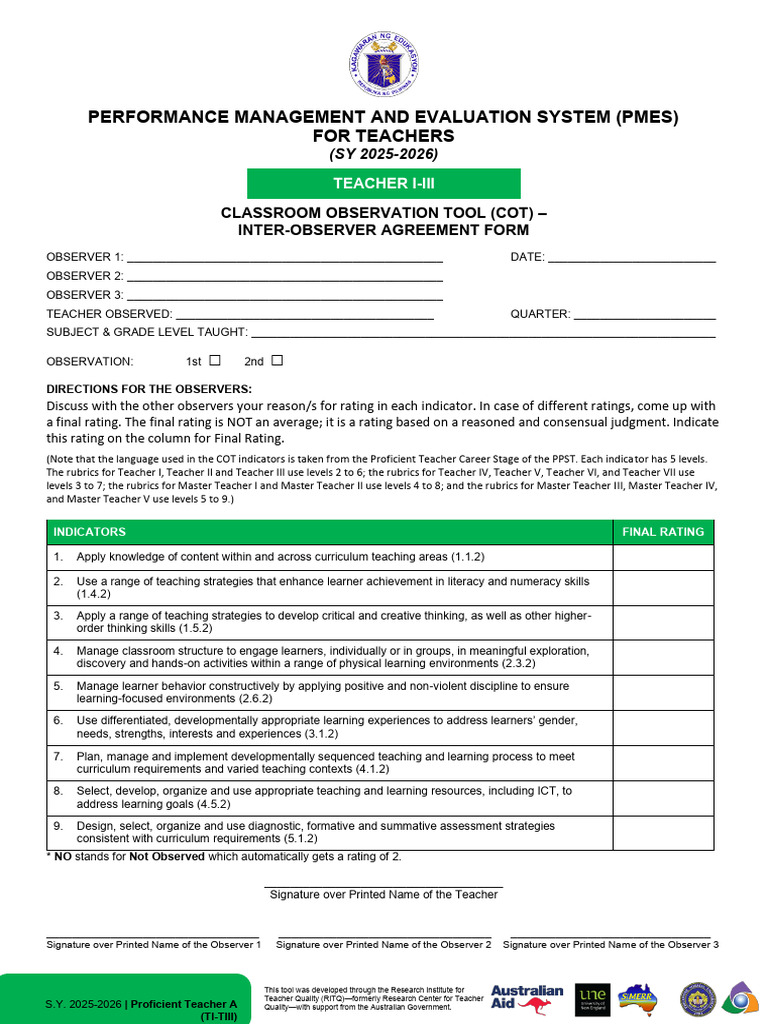 Classroom Observation Tool - Inter-observer Agreement Form | PDF ...
