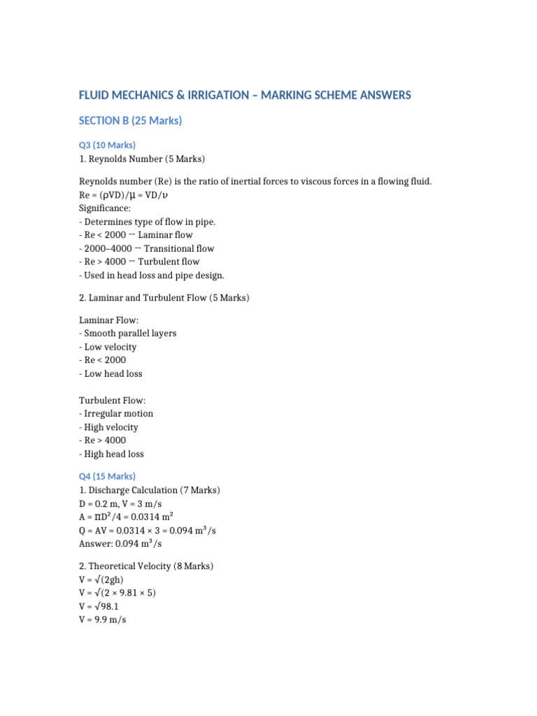 Fluid Mechanics Irrigation Marking Scheme | PDF | Sewage Treatment ...