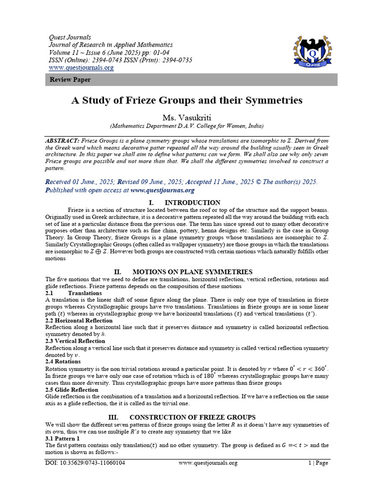 A Study of Frieze Groups and Their Symmetries | PDF | Mathematical ...