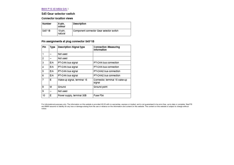 Pinout (PIB) S45 Gear Selector Switch | PDF