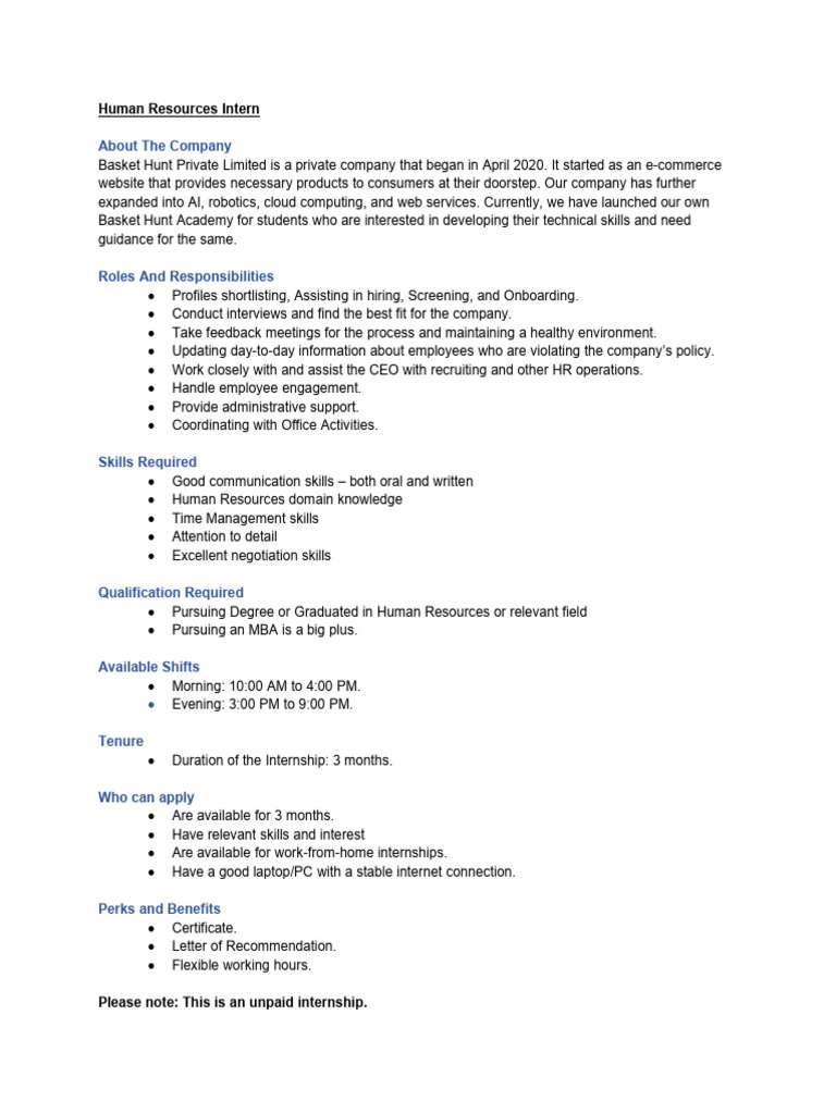 Human Resources Intern JD | PDF