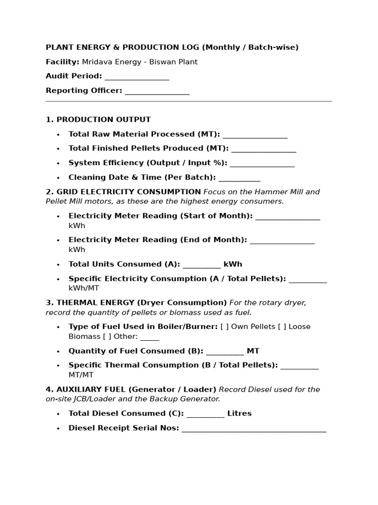 Plant Energy & Production Log (Batch-wise) | PDF