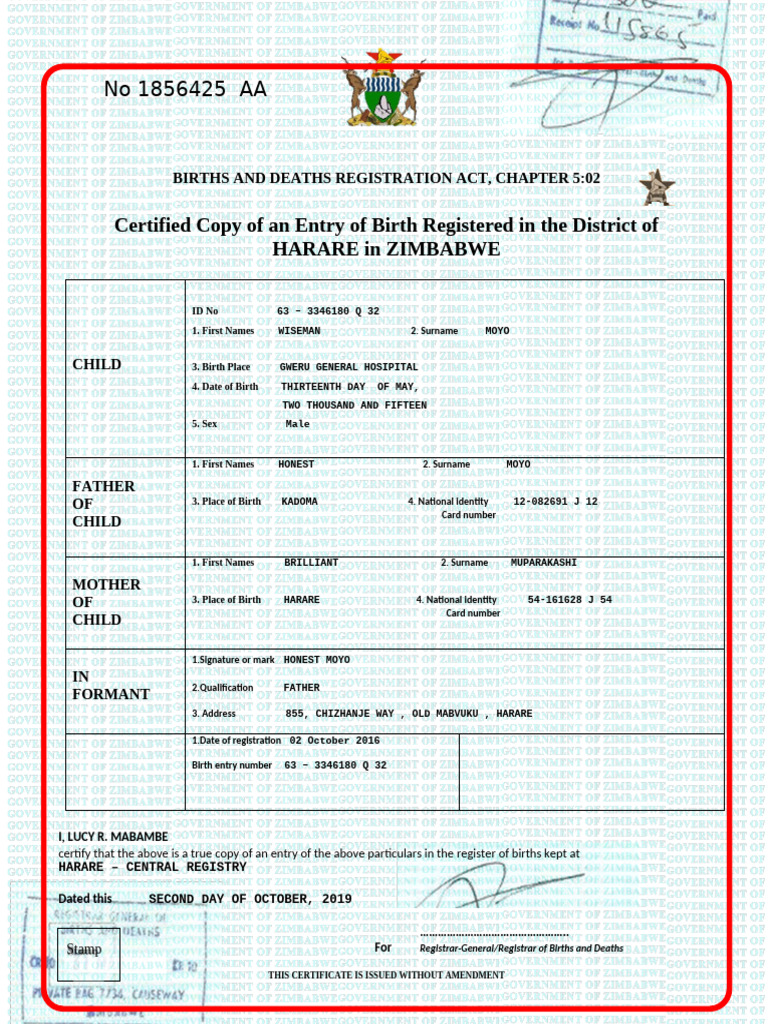 Zim Birth Certificate | PDF