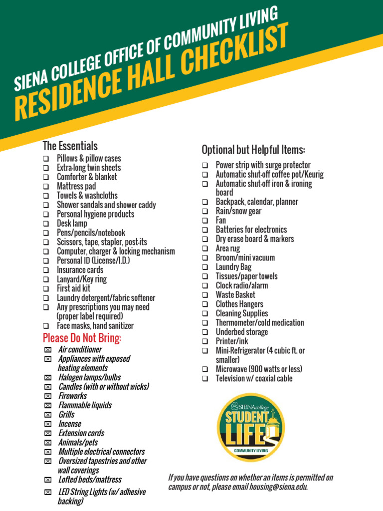 Residence Hall Packing Checklist 2 | PDF