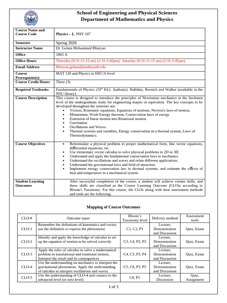 Course Outline Phy107 Spring 2026 All | PDF | Force | Newton's Laws Of ...