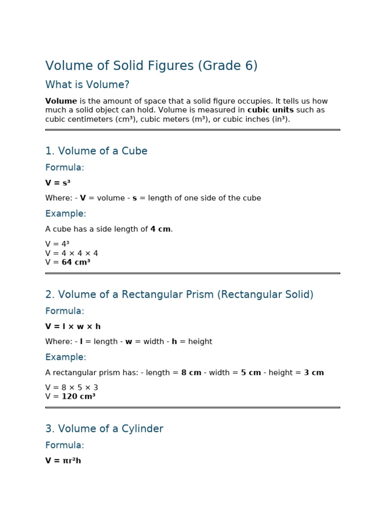 Grade 6 Math Note_ Volume of Solid Figures | PDF