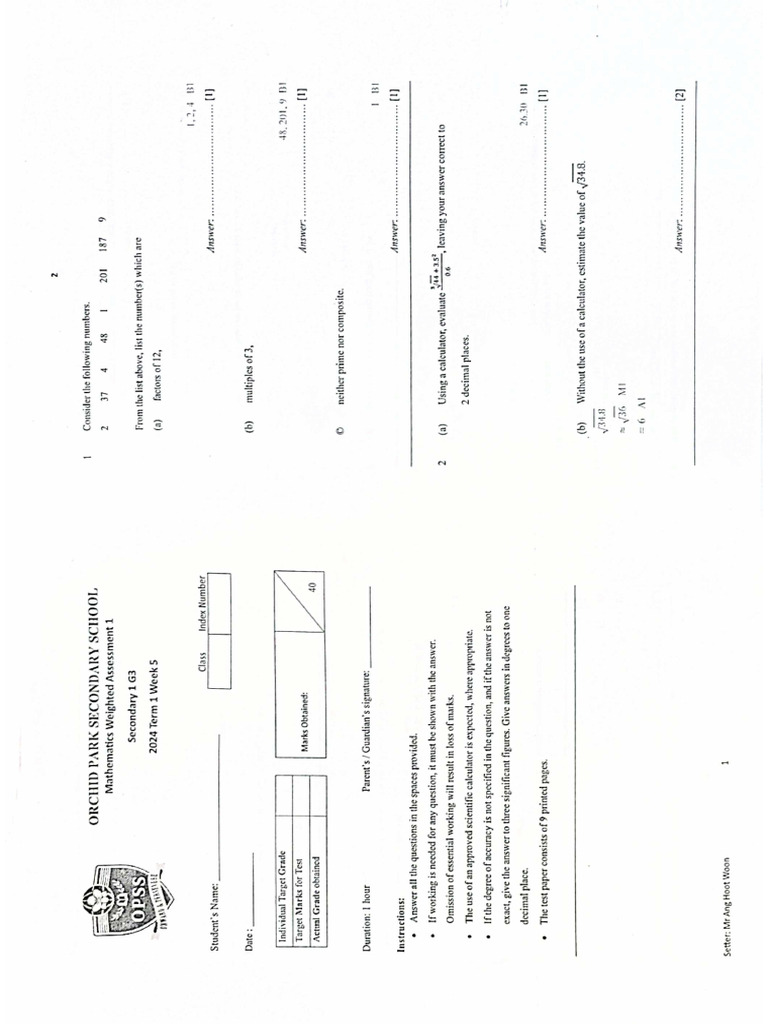 2024 Opss g3 Maths Wa1 (1) | PDF