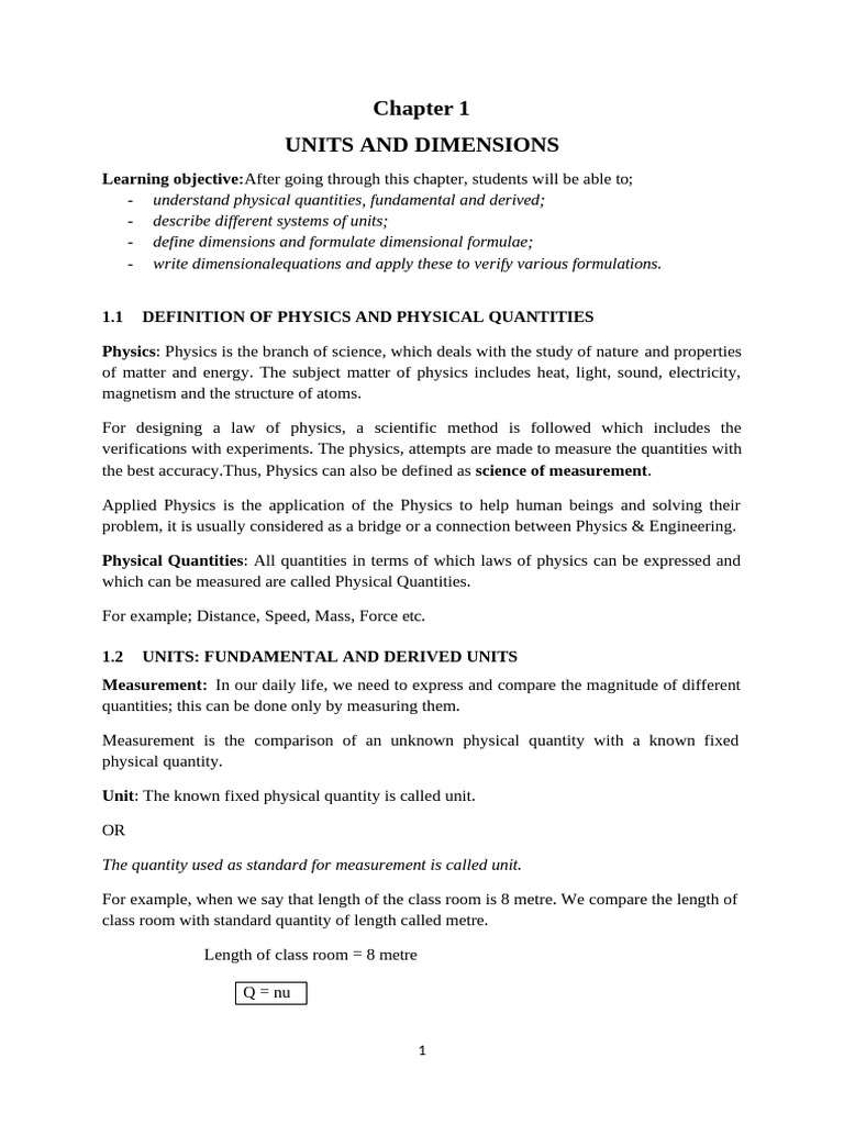 Chapter 1 Unit & Dimensions Notes | PDF