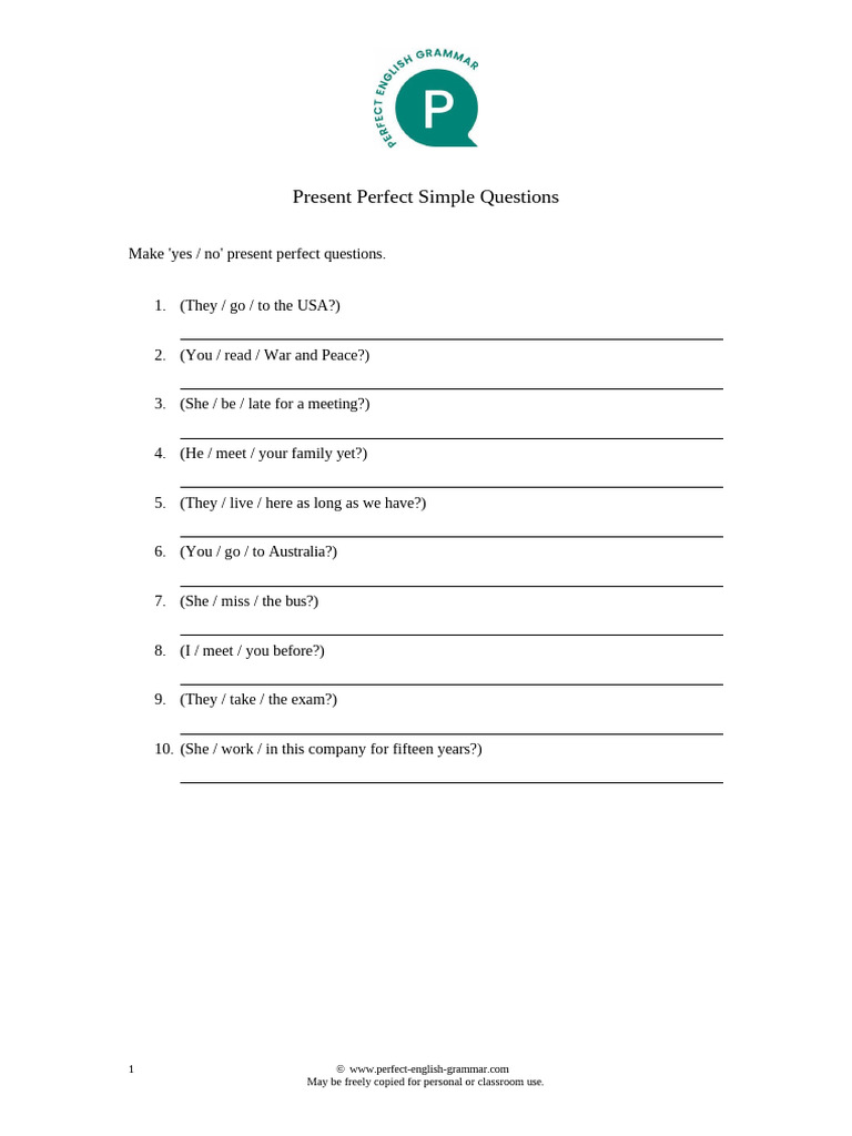Present Perfect Form Questions (1) | PDF