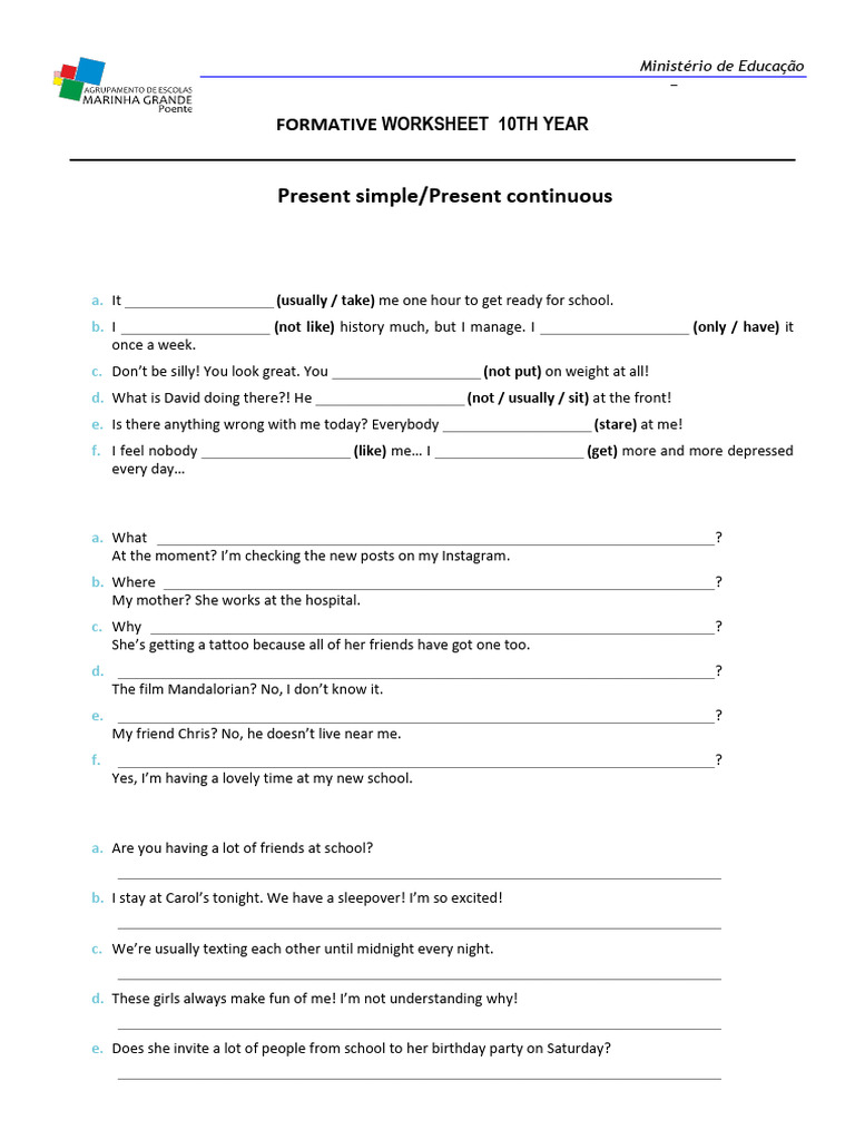 Formative Worksheet - Present Simple vs Present Continuous | PDF ...