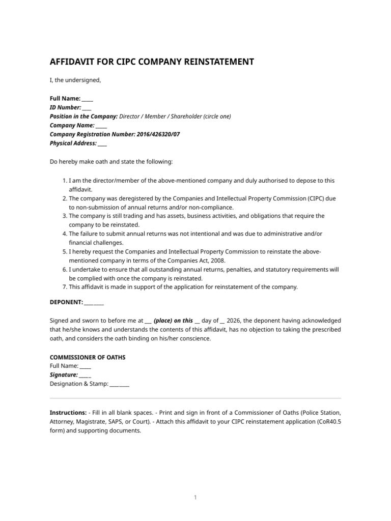 Cipc Reinstatement Affidavit Template | PDF