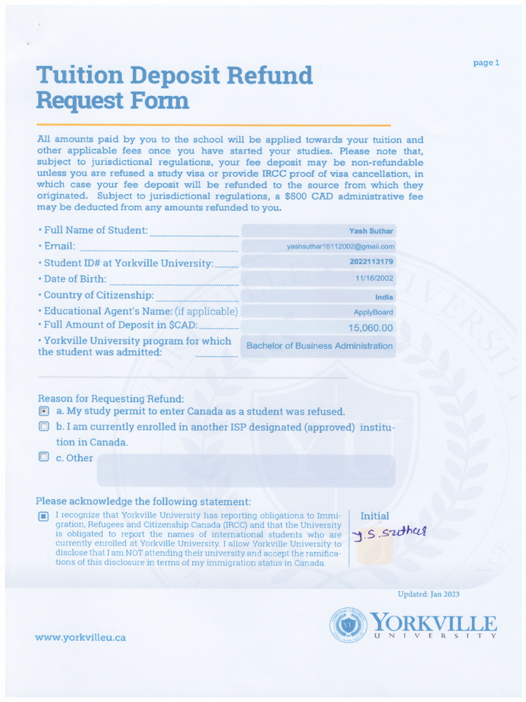 Yash Suthar Refund Form | PDF