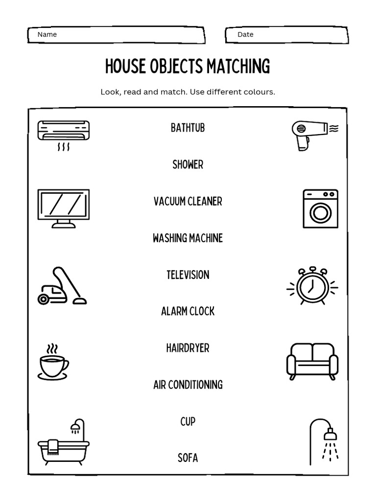 House Objects Matching Printable Worksheet in Black and White Simple ...