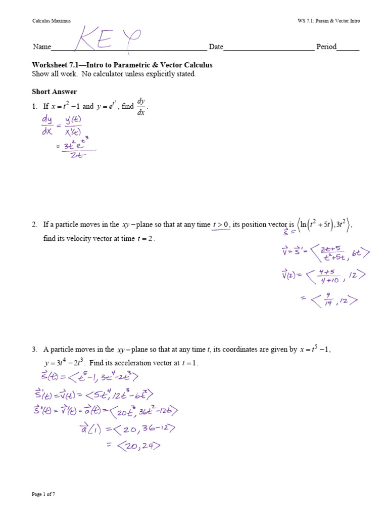 Parametric and Vector Packet Answer Key | PDF | Acceleration | Tangent