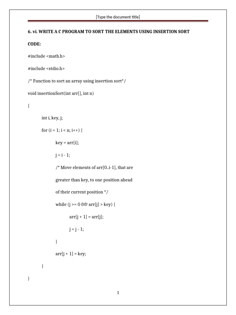 6.Vi.write a c Program to Sort the Elements Using Insertion Sort | PDF