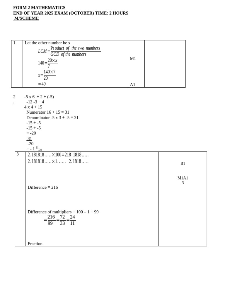4739 Form 2 Mathematics End of Term 3 Examination 2025 Answers Word ...