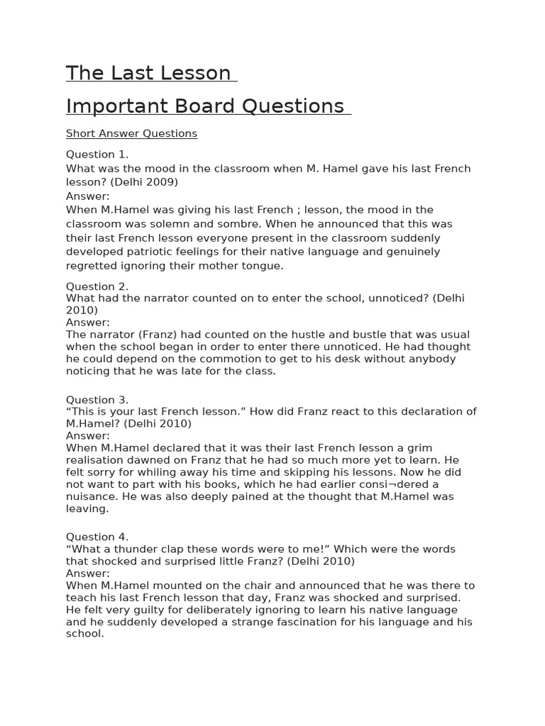 The Last Lesson Extra Questions | PDF | Teachers